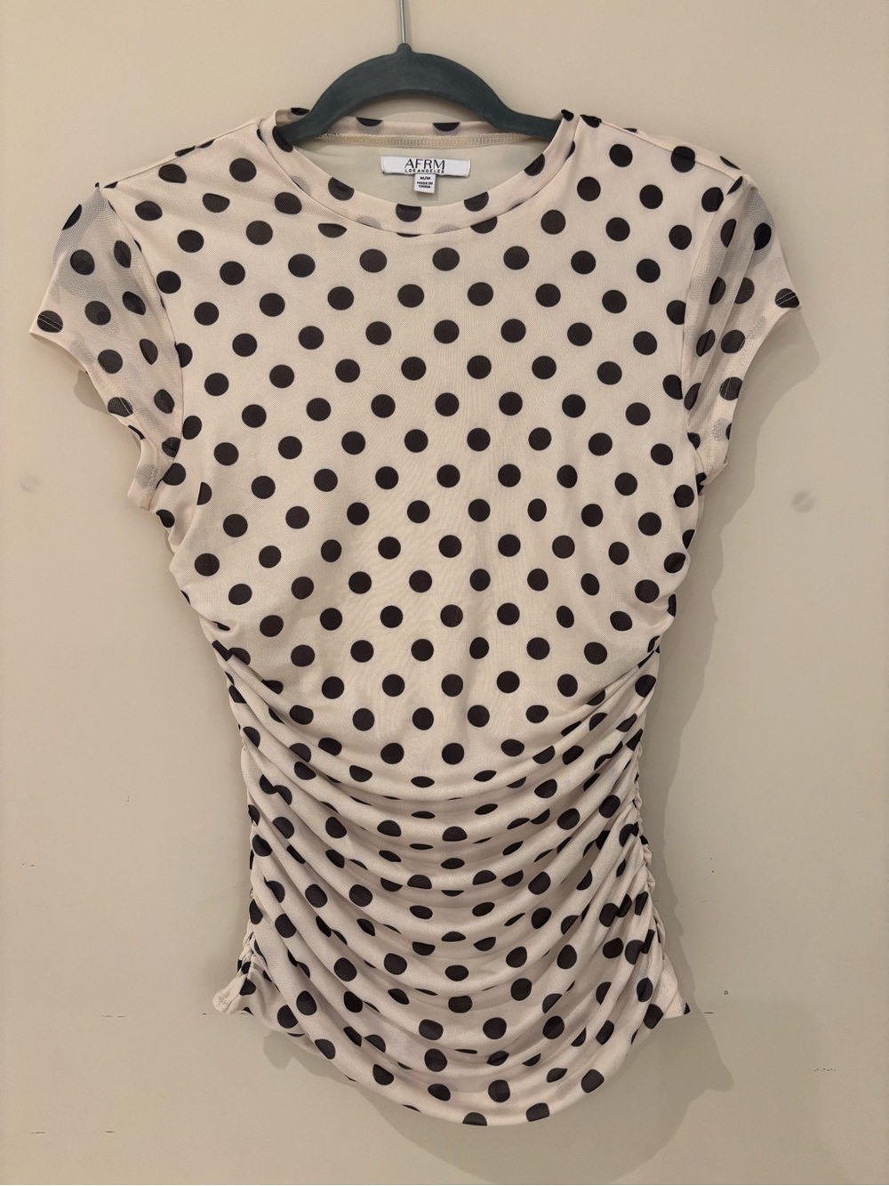 AFRM Cream Tee with Black Polka Dots and Side Ruching